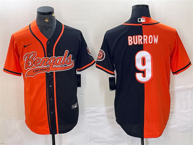 Men's Cincinnati Bengals #9 Joe Burrow Black/Orange Split With Patch Cool Base Stitched Baseball Jersey